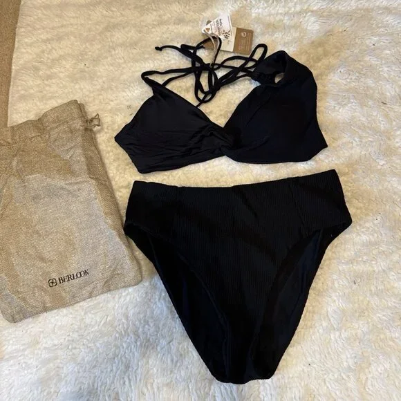 Berlook Black Two Piece Swimsuit Bikini Size Large Moderate Bottoms NEW W Bag